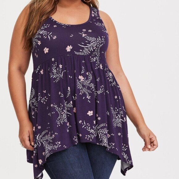 Purple Torrid Super Soft Sharkbite Hem Asymmetrical Top Floral Tank Scoo… - Picture 2 of 7
